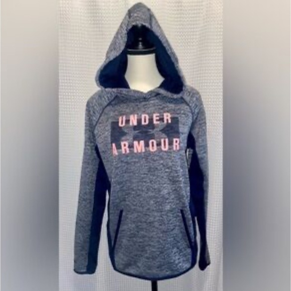 Under Armour Hooded Sweatshirt Womens Size Large Kangaroo Pocket Blue Pink - Picture 1 of 12